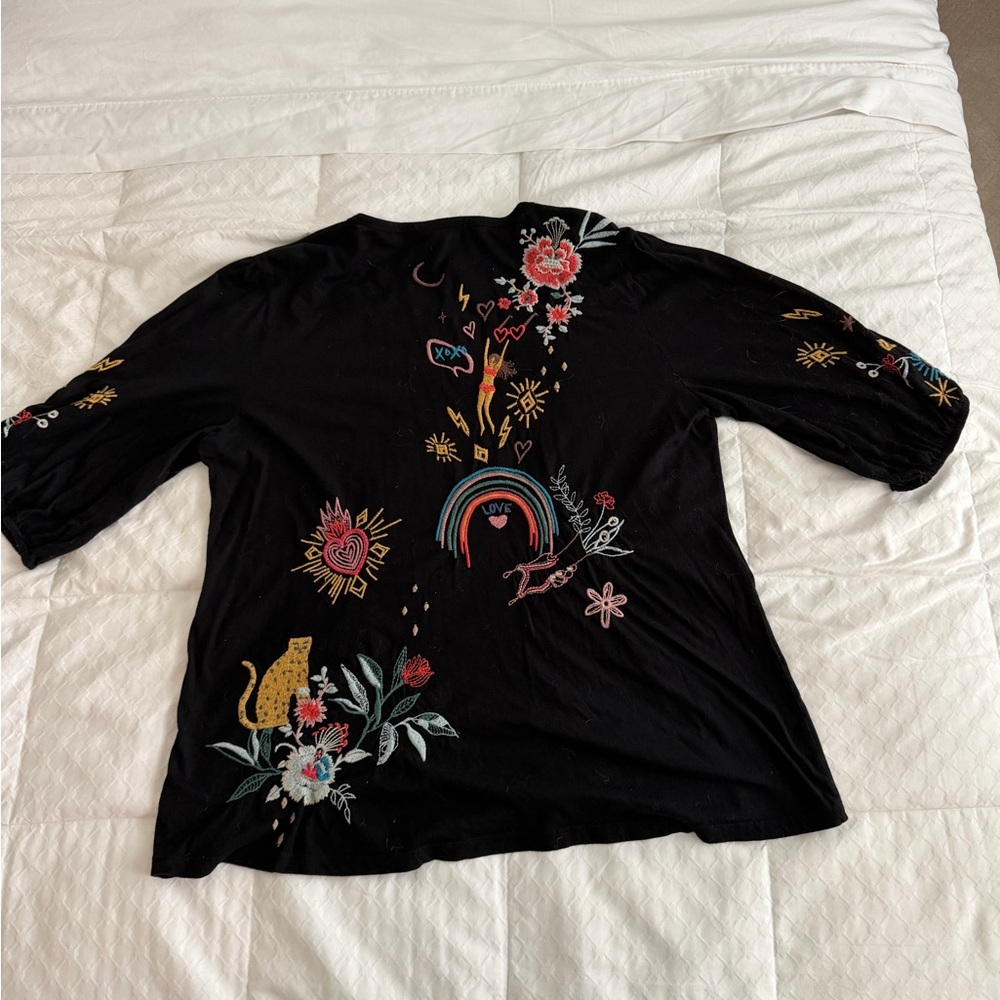 Johnny Was Black Blouse with Multicolor Embroidery